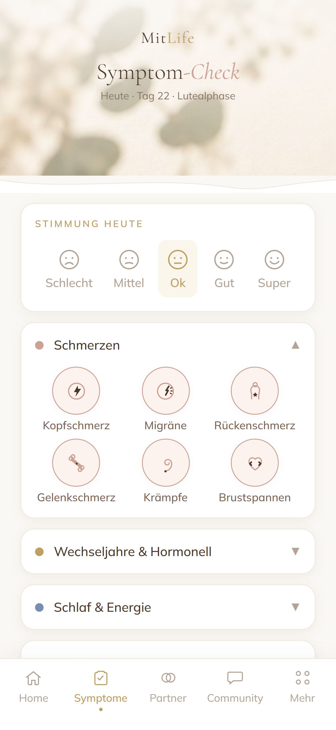 Symptom-Check: Stimmung wählen und Symptome wie Kopfschmerz, Migräne oder Krämpfe antippen